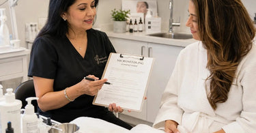 A professional spa therapist discusses a consent form with a client, highlighting the importance of service-specific agreements for safety and legal protection in beauty and wellness businesses.
