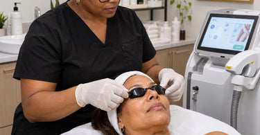 Professional esthetician applying disposable adhesive eye shields to a client's face before a light-based skin treatment in a spa treatment room