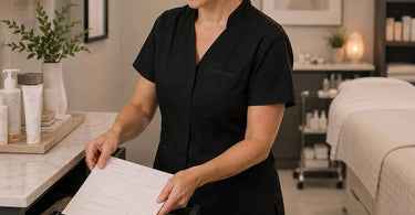 A professional spa receptionist scanning a digital client form on a tablet, symbolizing secure and modern data storage for salons and spas.