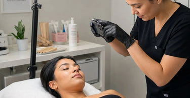 A professional beauty therapist smiling and preparing to take a before photo of a client in a clean, well-lit salon, emphasizing the importance of a dedicated lighting setup for client photos.