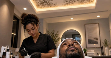 Spa treatment room ceiling and overhead lighting highlighting the importance of a comfortable, relaxing environment for clients during professional facial, massage, and beauty treatments