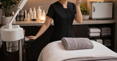 A tranquil spa reception area with soft lighting, a calming scent diffuser, and serene background music, representing the ideal closing experience.