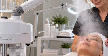 Professional facial steamer with visible condensation collecting around the adjustable steamer arm in a spa treatment room