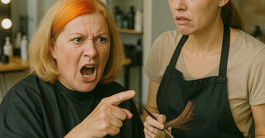 Frustrated salon professional dealing with difficult client while holding waxing supplies
