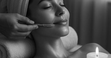 Professional dermaplaning treatment being performed at a spa showing smooth glowing skin results