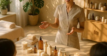 A spa professional smiling warmly while preparing a treatment room with luxury spa equipment and products
