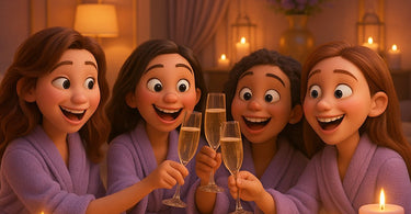 Group of women celebrating at a spa divorce party with face masks and champagne