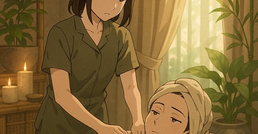 A person relaxing on a massage table with a warm compress, illustrating the peaceful and therapeutic environment of a spa massage