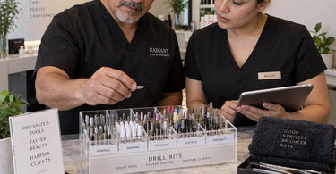 Organized nail drill bits in a professional storage holder on a clean manicure station, demonstrating efficient service speed for nail technicians