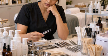 Duplicate professional spa and salon tools accumulating in a supply area, illustrating hidden inventory problems, excess equipment purchases, and the importance of organized tool management