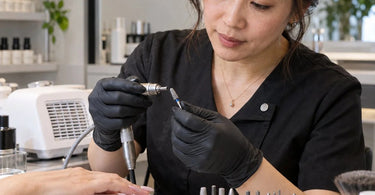 Professional nail technician using an electric nail file bit during a manicure, illustrating heat buildup, friction, and proper e-file techniques