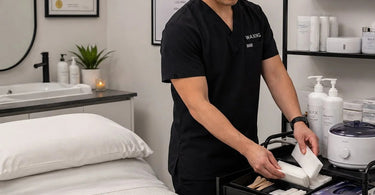 A well-organized and fully stocked professional spa supply room, showcasing shelves neatly arranged with Pure Spa Direct products, symbolizing the calm and preparedness of an end-of-day restocking routine versus the chaos of a morning panic.