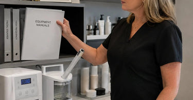 A neatly organized staff training library featuring binders and digital QR codes for easy access to spa and salon equipment manuals and standard operating procedures.