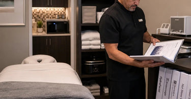 A neatly organized back office with binders labeled 'Equipment Manuals' on a shelf, next to a Pure Spa Direct product box, symbolizing efficiency and preparedness for salon and spa professionals.