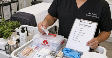 Professional salon first aid kit with bandages, antiseptic wipes, gloves, and gauze on a clean countertop