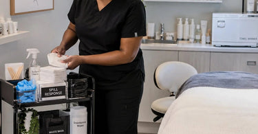 A well-organized small spill response setup in a serene facial treatment room, featuring absorbent pads, gloves, and disinfectant ready for any esthetician spill emergency.