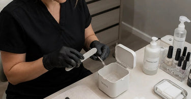 A modern and hygienic nail station setup featuring a dedicated debris container, manicure tools, and a professional workspace at Pure Spa Direct.