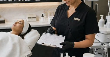 Treatment Room Reset Checklist infographic showing a clean organized spa treatment room with massage table and supplies ready for clients