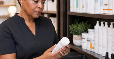A spa professional in uniform checking the expiration date on a product label, highlighting the importance of using fresh and effective beauty supplies for client safety.