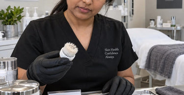 Professional facial cleansing brush with clean bristles next to a replacement brush head in a spa treatment room
