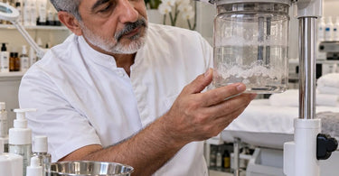 Professional facial steamer with glass water reservoir showing cloudy white mineral film and calcium buildup in a spa treatment room