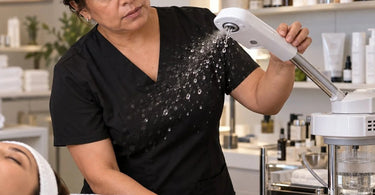 Professional facial steamer producing visible vapor and unwanted water droplets in a spa treatment room, illustrating common facial steamer spitting problems