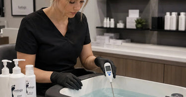 Woman testing foot soak water temperature with a digital thermometer for a relaxing and safe pedicure treatment