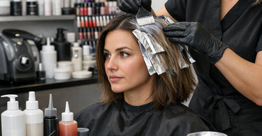 Frustrated salon owner surrounded by generic franchise supplies versus high quality professional products