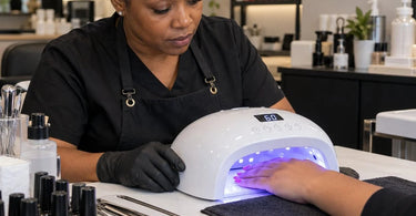 Professional gel manicure with fingers centered inside a nail curing lamp for even gel polish curing