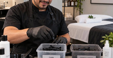 A display of professional hair clips and sectioning pins separated into clean storage containers on a salon work station.