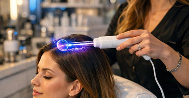 A professional high-frequency therapy machine with a comb electrode being used on a client's scalp in a modern hair salon, showcasing the gentle violet glow and the relaxing treatment experience.