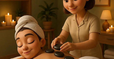 Professional hot stone massage setup with smooth basalt stones and spa accessories