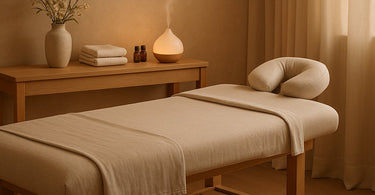 Professional massage therapist using a high-end adjustable massage table in a spa setting