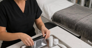 A professional lash aftercare kit placed on a spa treatment bed, containing lash cleanser, brushes, and tools to maintain lash extensions for salon clients.