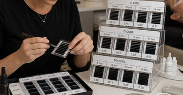 Organized lash extension tray labeled by curl, length, and diameter with various lash samples from Pure Spa Direct