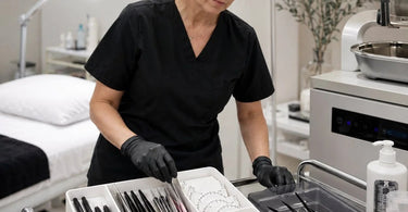 Lash mapping tools displayed separately from used implements in a clean, organized salon workspace
