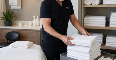 Infographic illustrating how to determine linen par levels based on a spa's busiest day, featuring towels and sheets.