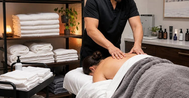 A massage therapist arranges a stack of plush white flannel linens and a massage table warmer, highlighting winter-ready spa supplies.