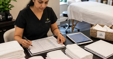 Stack of fresh white massage linens arranged on a spa treatment table representing a organized linen rotation plan for a professional massage room.