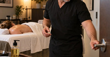 Professional massage treatment room door handle with oily fingerprints left by massage therapists during spa services