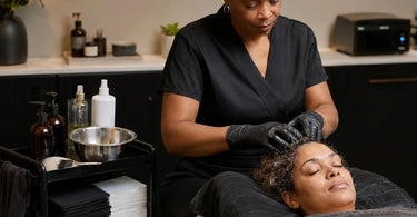 A massage therapist provides a relaxing scalp massage to a client in a professional spa setting with a specialized setup.