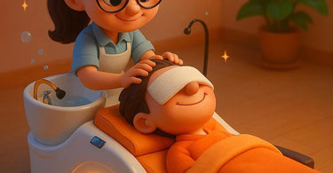 A serene salon client enjoying a luxurious scalp massage, surrounded by calming spa ambiance
