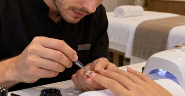 Professional nail artist positioning decorative nail charms on a detailed manicure before securing and curing