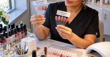 Professional nail polish colors compared under indoor salon lighting and natural window daylight to demonstrate differences in color appearance and undertones