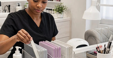 Close up of a professional nail technician's hand holding a selection of colorful nail files sorted by grit, symbolizing organization and efficiency for a busy workday.