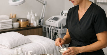 A stressed spa owner looking at a messy, overcrowded service menu with a calculator showing low profit margins, illustrating the concept of why offering too many services hurts business finances.
