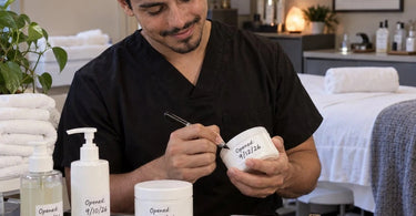 Professional esthetician writing the opened date on a skincare product bottle in a spa treatment room