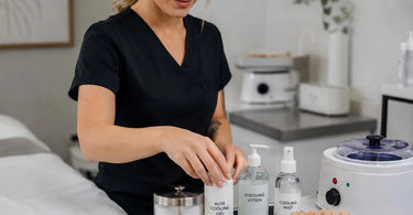 Post-wax cooling supplies like gels and lotions ready for use on a salon trolley.