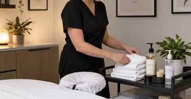 Professional esthetician organizing salon supplies on a shelf, representing realistic supply limits for spa and beauty services