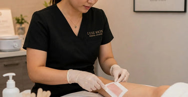 A professional esthetician applying a pre-cut wax strip to a client's leg, demonstrating efficient service timing and technique.